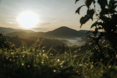 Scenic view of mountains against sky during sunrise 