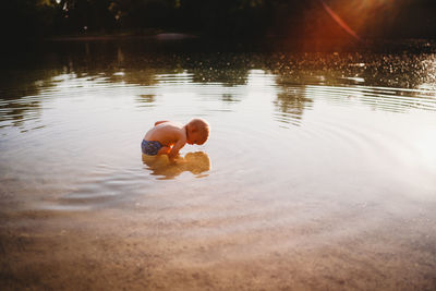 Young child looking for stones under water at lake with golden light