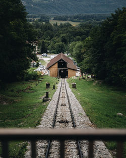 Railroad tracks amidst trees and buildings