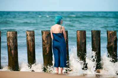 Rear view of man standing by sea against sky