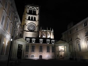 Low angle view of illuminated cathedral at night