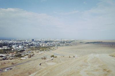 High angle view of buildings against sky
