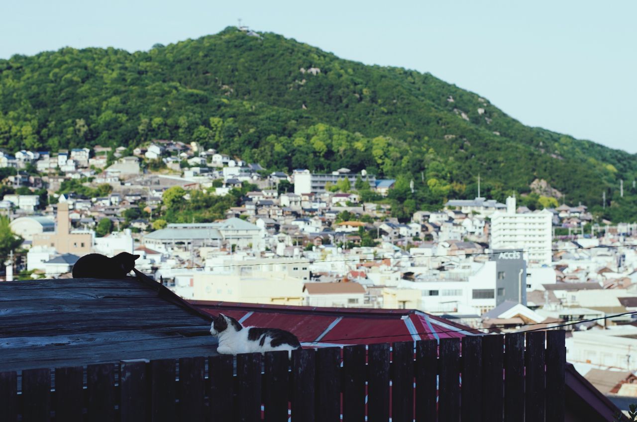 building exterior, architecture, built structure, mountain, house, tree, town, roof, high angle view, residential structure, townscape, water, residential building, clear sky, day, residential district, sky, outdoors, mountain range, crowded