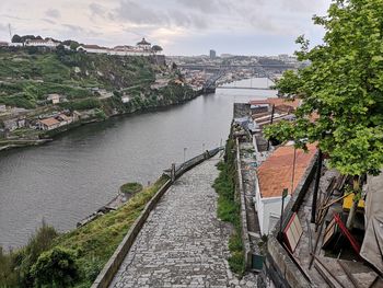 High angle view of bridge over river by buildings against sky