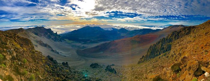 Scenic view of mountains against cloudy sky