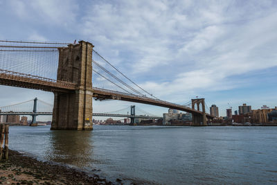 Suspension bridge over river against cloudy sky