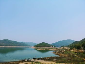 Scenic view of lake against clear blue sky