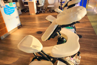 High angle view of empty chairs on table at home