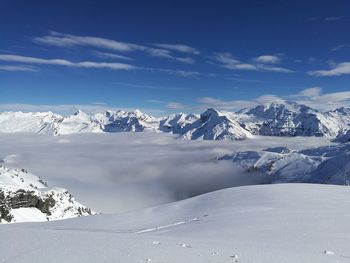 Scenic view of snowcapped mountains against sky