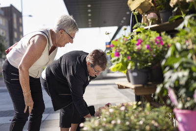 Senior women looking at flowers for sale