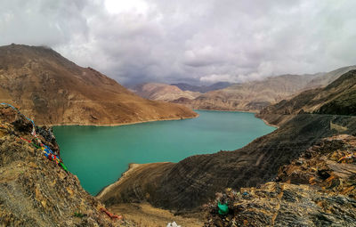 Scenic view of lake against cloudy sky