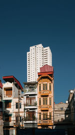 Low angle view of buildings against clear blue sky