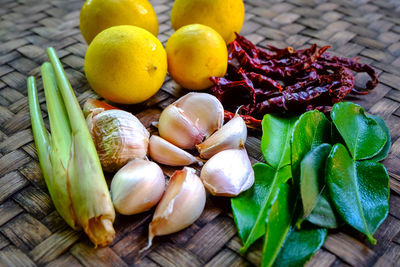 High angle view of fruits and leaves on table