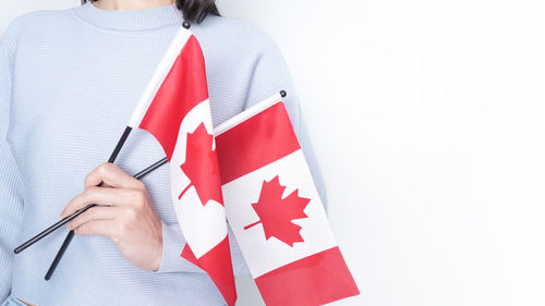 Rear view of woman holding flag against white background
