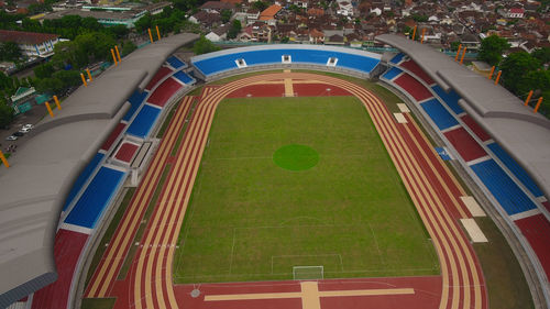 High angle view of soccer field