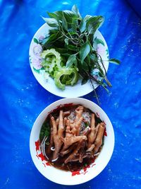 High angle view of meal served on table