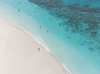 Top view of sunbathers on the beach in maldives
