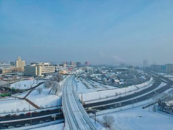 High angle view of cityscape during winter