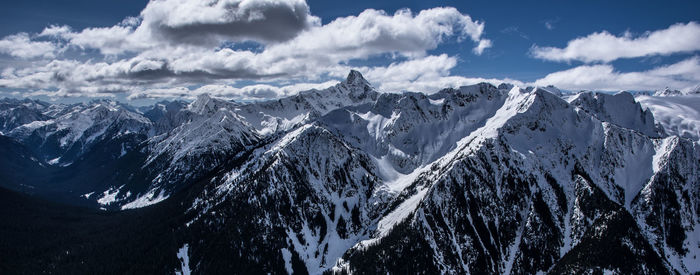Scenic view of mountains against cloudy sky