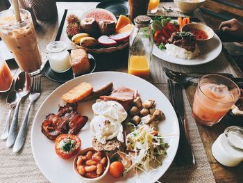 High angle view of breakfast served on table