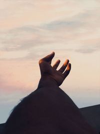 Low angle view of human hand against sky during sunset