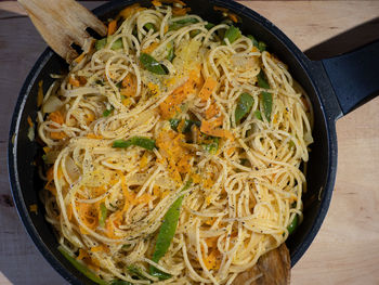High angle view of noodles in bowl on table