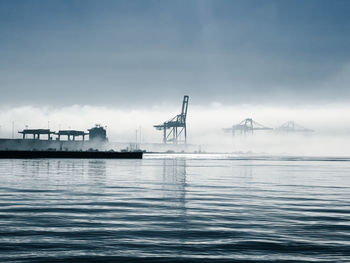 New westminster port during a foggy winter morning.