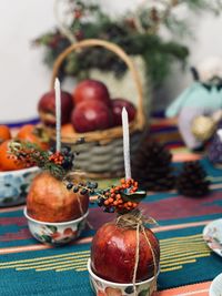 Close-up of christmas decorations on table