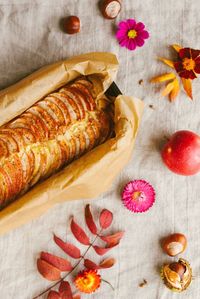 High angle view of bread on cutting board