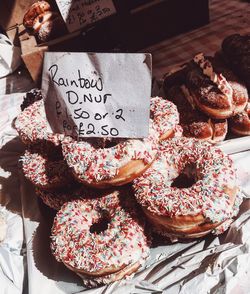 Close-up of donuts for sale at market