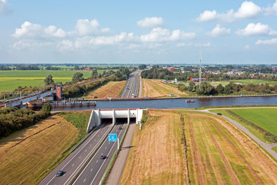 Aerial from aquaduct mid fryslan in friesland the netherlands