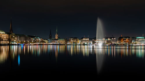 Reflection of illuminated buildings in water at night