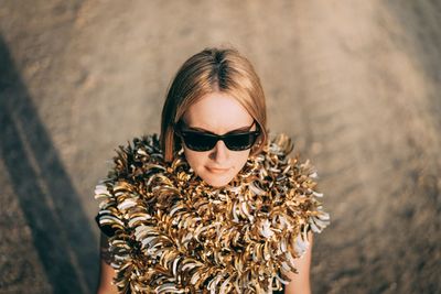 High angle view of woman wearing sunglasses