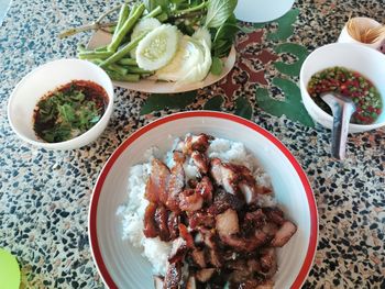 High angle view of breakfast served on table