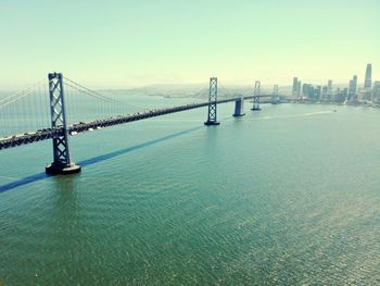 View of suspension bridge in city