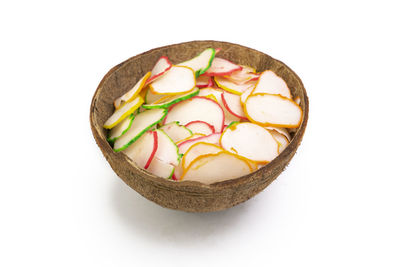 High angle view of dessert on white background