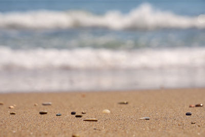 Surface level of sand on beach against sky