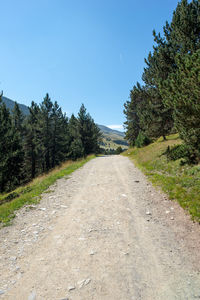 Road amidst trees against clear blue sky