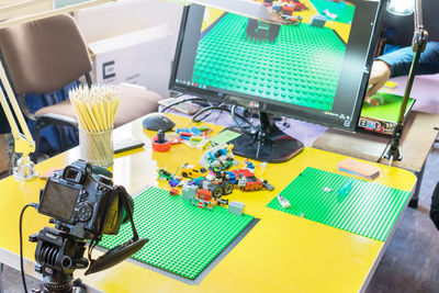 High angle view of machine on table