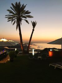 Silhouette palm trees by swimming pool against sky during sunset