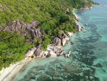 High angle view of rocks on sea shore