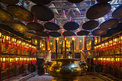 Illuminated lanterns hanging in buddhist temple