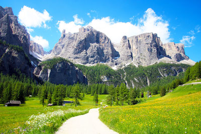 Pathway to the pisciadù, part of the sella group, waterfalls in the middle of beautiful meadows