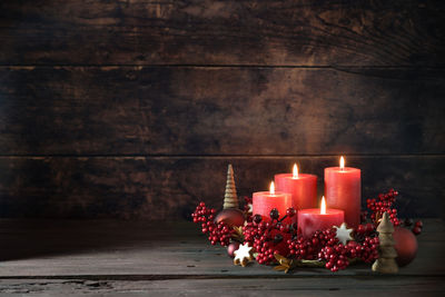 Close-up of christmas decorations on table