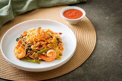 High angle view of food in plate on table