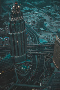 High angle view of modern buildings in city