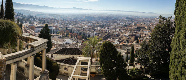 High angle view of buildings in city