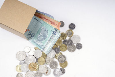 Close-up of coins against white background