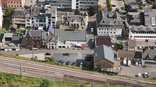 High angle view of buildings in city