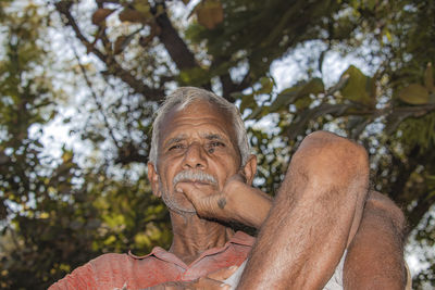 Low angle view of man sitting on tree